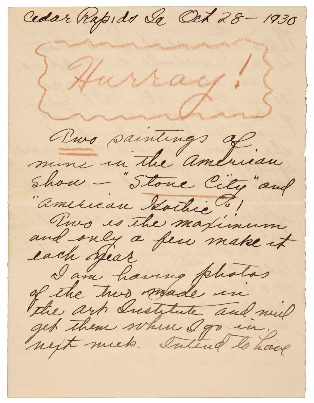 Lettre de Grant Wood, 1930